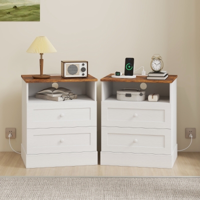 HOMCOM Nightstand with Charging Station 2 Drawers Bedside Table Set of 2 White and Oak