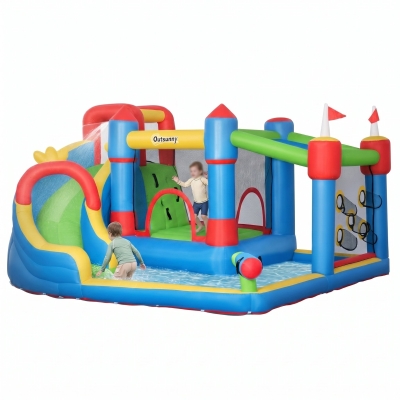 Outsunny 6-in-1 Inflatable Water Slide with Splash Pool, Slide, Climbing Wall, Water Cannon, Inflatable Bounce House for Kids with 2 Min. Inflation