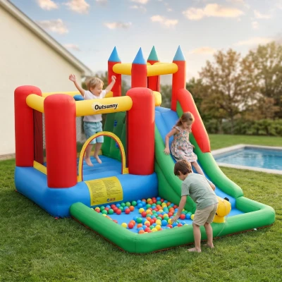Outsunny 6-in-1 Kids Bounce House Water Slide with Pool