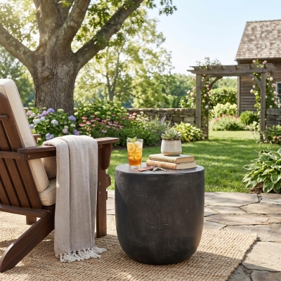 Outdoor Lightweight Concrete Side Table with Fluted Cylindrical Base, Modern Accent Table with Soft Wave Edge, 15.5'' L x 15.5'' W x 16'' H, Matte Black
