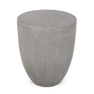 Outdoor Concrete Side Table with Subtly Fluted Cylindrical Base, Boho Fluted Cylindrical Accent with Soft Wave Edge, 14'' L x 14'' W x 17.5'' H, Natural