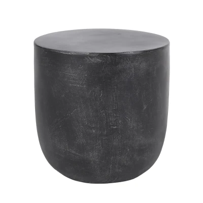Outdoor Lightweight Concrete Side Table with Fluted Cylindrical Base, Modern Accent Table with Soft Wave Edge, 15.5'' L x 15.5'' W x 16'' H, Matte Black