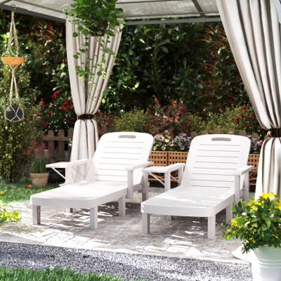 Outsunny Set of 2 Tanning Chair, 5 Positions Adjustable Outdoor Lounge Chairs with Foldable Side Table, White
