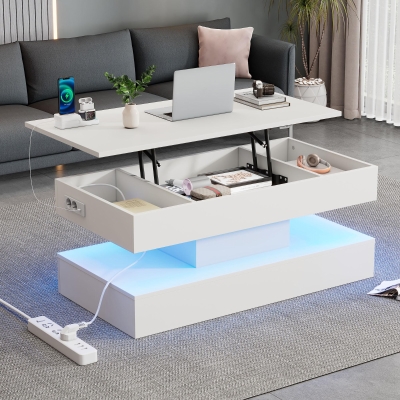 Modern Lift-Up Coffee Table with Bluetooth App-Controlled RGB Lights, Functional Center Table with Hidden Storage, 39.5" L x 19.5" W x 22" H, White