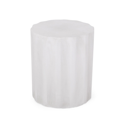Outdoor Concrete Side Table with Subtly Fluted Cylindrical Base, Cylindrical Accent Table with Soft Wave Edge, 15.5'' L x 15.5'' W x 18'' H, Antique White