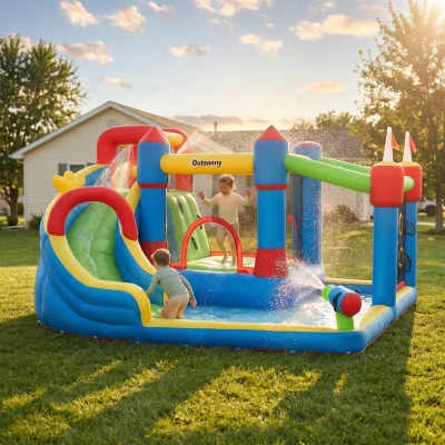 Outsunny 6-in-1 Inflatable Bounce House with Slide, Kids Water Slide