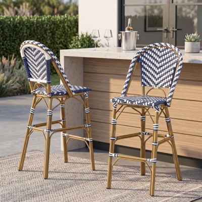 PE Rattan Counter Chairs with Rust‑Resistant Aluminium Frame, Set of 2 Outdoor Barstool with Bamboo‑Print Finish, 18'' L x 24.5'' W x 45.5'' H, White+Blue