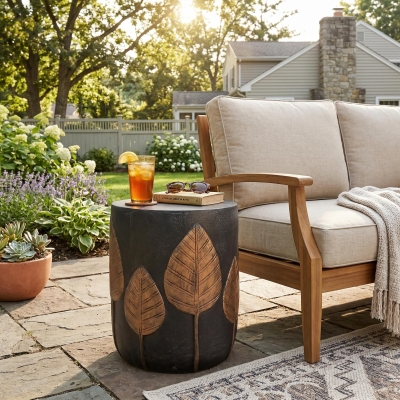 Outdoor Lightweight Concrete Side Table with Subtly Fluted Cylindrical Base, Modern Accent Table with Soft Wave Edge, 15'' L x 15'' W x 18.5'' H, Copper