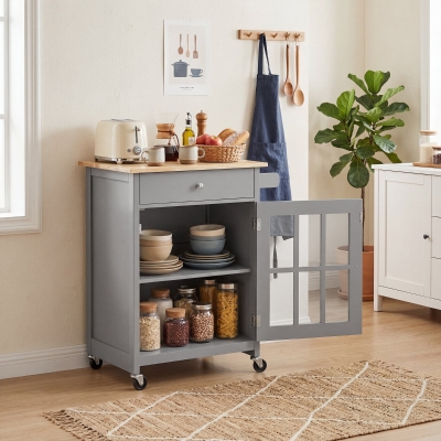 HOMCOM Rolling Kitchen Cart with Drawer and Glass Door Cabinet, Kitchen Island on Wheels with Towel Rack, Dark Grey