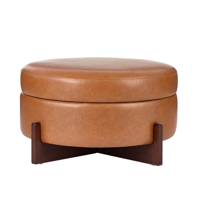 Round Storage Ottoman with Tufted Fabric Upholstery, Multi-Functional Coffee Table with Solid Wood Legs, 32'' L x 32'' W x 17.5'' H, Brown