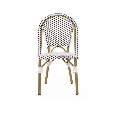 Outdoor Bistro Chairs with Rust-Resistant Aluminum frame, All-weather Flat-Wicker Seats with Bamboo-Print Finish, 19'' L x 21.5'' W x 35'' H, Black+White