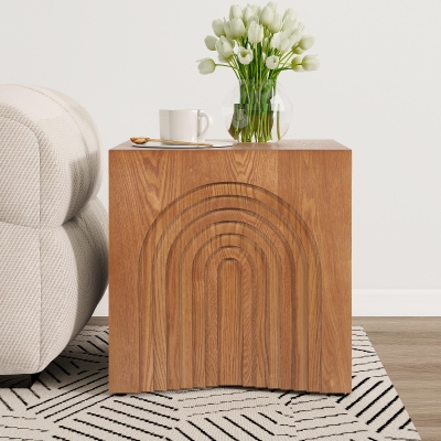 Farmhouse End Table with Rubber Floor-Protecting Pads, Accent Coffee Table for Living Room or Bedroom, 19'' L x 19'' W x 19'' H, Natural + Light Brown
