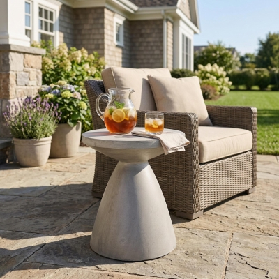 Outdoor Concrete Side Table with Subtly Fluted Cylindrical Base, Fluted Cylindrical Accent Table with Soft Wave Edge, 18'' L x 18'' W x 20.5'' H, Light Grey