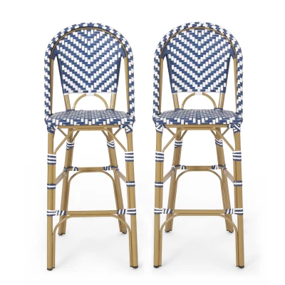 Set of 4 Outdoor Bar Stools with Rust‑Resistant Flat-Wicker construction, Rattan Bar Chairs with Aluminium Frame, 18'' L x 24.5'' W x 45'' H, White+Blue