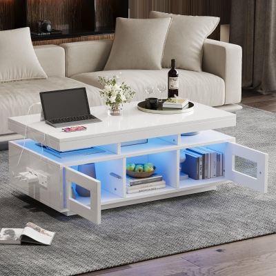 High Gloss Coffee Table with App-Controlled LED Light Strip, Functional Center Table with 2 Soft-Close Acrylic Cabinets, 39.5" L x 19.5" W x 17" H, White