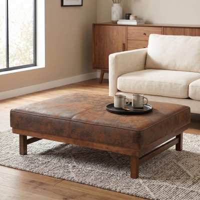 Large Square Ottoman Coffee Table with Upholstered Faux Leather, Versatile Multi‑Use Seating Table with Plush Cushion Top, 48'' L x 27'' W x 15.5'' H, Brown