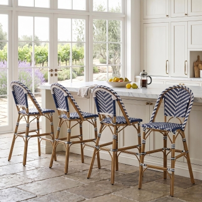 Set of 4 Outdoor Bar Stools with Rust‑Resistant Flat-Wicker construction, Rattan Bar Chairs with Aluminium Frame, 18'' L x 24.5'' W x 45'' H, White+Blue