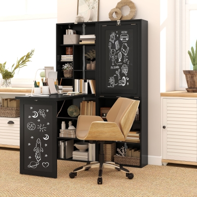HOMCOM Fold-out Convertible Office Desk, Wall Mount Computer Desk with Blackboard and Side Shelf, Black