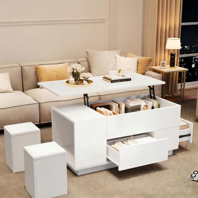 4-in-1 Coffee Table with Height-Adjustable Hydraulic Lift, Versatile Center Table with 2 Soft-Close Drawers, 39.5" L x 19.5" W x 23" H, White