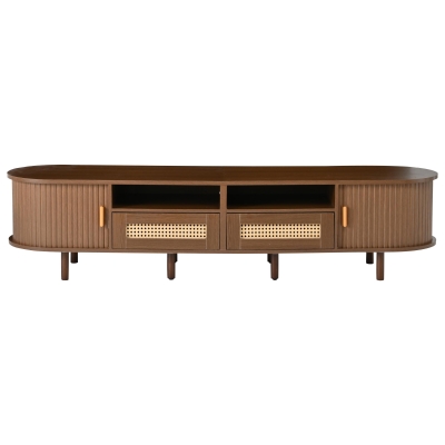 Modern TV Stand with 2 Rattan Drawers and 2 Sliding Doors, Rounded-Corner TV Cabinet with Centre Rattan Panel, 65" L x 15.5" W x 15.5" H, Walnut
