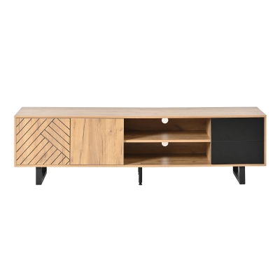 65-Inch Modern TV Stand with Geometric Diagonal Carved Door, Stylish TV Cabinet with Low-Profile Design, 65" L x 15.5" W x 19.5" H, Natural