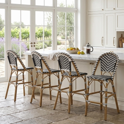 Outdoor Bar Stools Set with Lightweight Aluminium Frame, Woven Counter Chairs with Durable PE Rattan Weave, 18'' L x 24.5'' W x 45.5'' H, White+Black