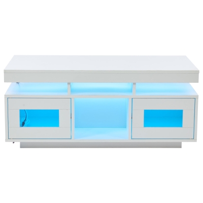 High Gloss Coffee Table with App-Controlled LED Light Strip, Functional Center Table with 2 Soft-Close Acrylic Cabinets, 39.5" L x 19.5" W x 17" H, White