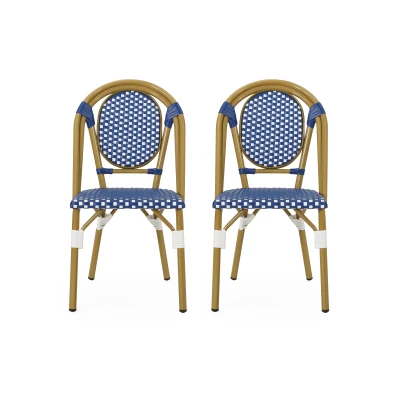 Outdoor Bistro Chairs with Rust-Resistant Aluminium Frame, Flat-Wicker Armless Seats with Polyethylene Rattan, 18.5'' L x 21.5'' W x 34.5'' H, White+Blue