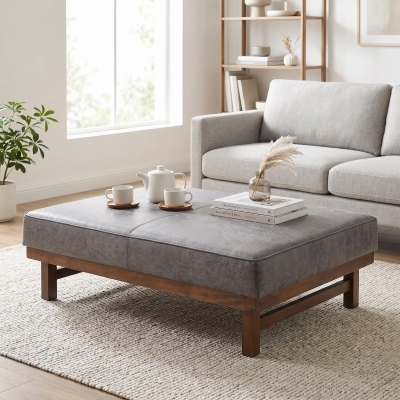 Versatile Faux Leather Cocktail Ottoman with Plush Cushion Top, Large Ottoman Coffee Table with Durable Construction, 48'' L x 27'' W x 15.5'' H, Grey