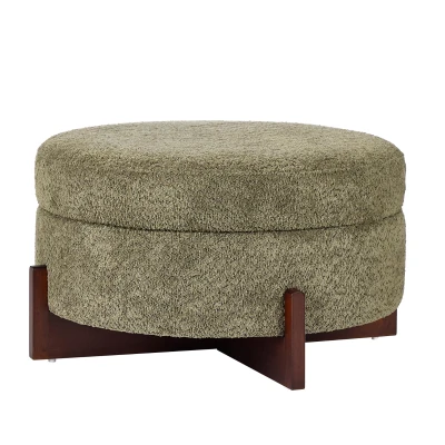 Round Storage Ottoman with Tufted Fabric Upholstery, Multi-Functional Coffee Table with Solid Wood Legs, 32'' L x 32'' W x 17.5'' H, Green