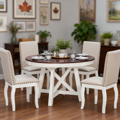 Farmhouse Dining Set with Upholstered High-Back Chairs, Sturdy Side Chair Set for Living Room, 58" L x 42" W x 30" H, Beige+Off White+Walnut