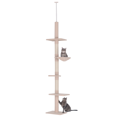 PawHut 102″ Adjustable Height Floor to Ceiling Cat Tree, 5 Level Cat Tower with Scratching Posts, Hammock, Beige