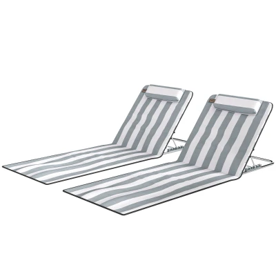 Outsunny 2 Pieces Beach Lounge Chair, Outdoor Folding Chaise Lounge Set w/ Pillow for Sunbath, Snap, Light Grey and White