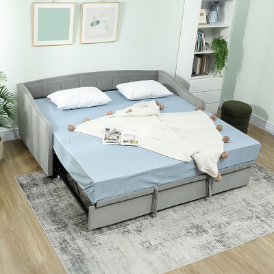 HOMCOM Upholstered Twin Size Trundle Bed, Velvet Twin to King Day Bed with Pop Up Trundle, Headboard and 2 Pockets, Light Grey