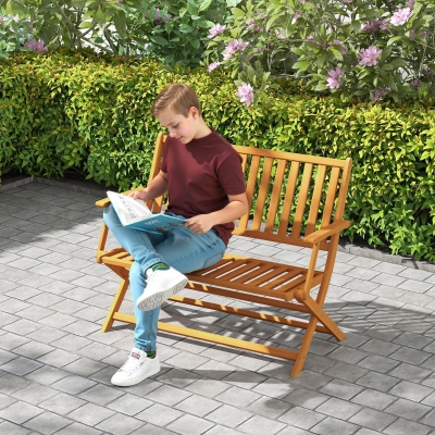 Outsunny 46.5" Foldable Wood Outdoor Bench with Backrest and Armrests for Outdoors, Patio, Porch, Park, Teak