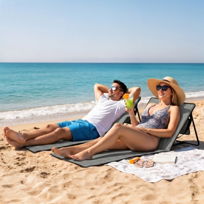 Outsunny Set of 2 Foldable Lounge Chairs with Carry Strap, Adjustable Backrest, Grey