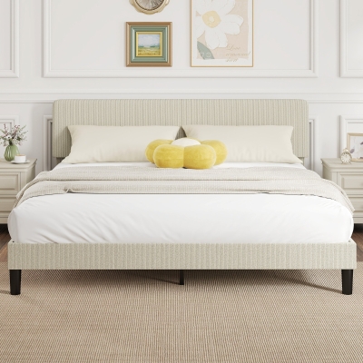 HOMCOM King Size Bed Frame with Adjustable Upholstered Headboard Platform Bed Frame Wood Slat Support Noise Free Light Grey