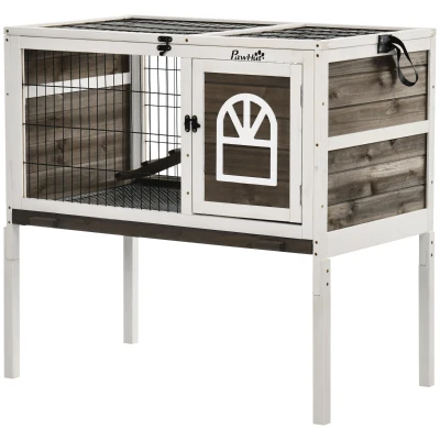 PawHut Rabbit Hutch Dual-Height Design Bunny House with Run Slide-Out Tray White and Coffee