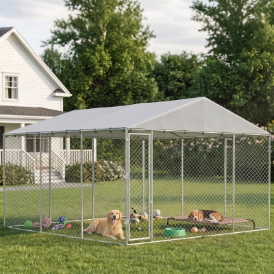 PawHut 13.1' x 13.1' x 6.6' Outdoor Dog Kennel Heavy Duty Galvanized Steel Chain Link with UV-resistant Roof, Silver