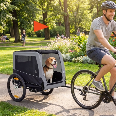 PawHut Dog Bike Trailer, Pet Cart Bicycle Carrier with Support Feet, Large Wheels, 2 Doors
