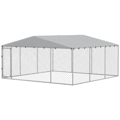 PawHut 13.1' x 13.1' x 6.6' Outdoor Dog Kennel Heavy Duty Galvanized Steel Chain Link with UV-resistant Roof, Silver