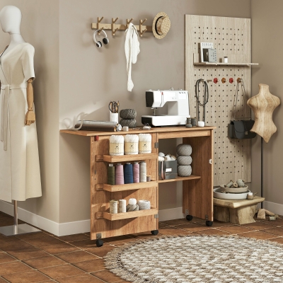 HOMCOM Sewing Machine Cabinet, Folding Sewing Table with Storage Shelf, Bins and Lockable Wheels for Small Space, Brown