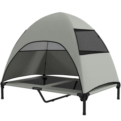 PawHut Elevated Dog Bed with Canopy Raised Dog Bed  Washable Mesh Steel Frame 41.7" x 29.9" x 39" Light Grey