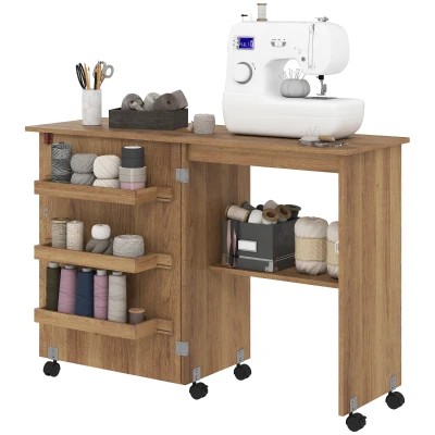 HOMCOM Sewing Machine Cabinet, Folding Sewing Table with Storage Shelf, Bins and Lockable Wheels for Small Space, Brown
