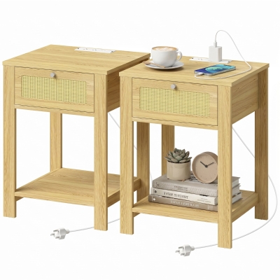 HOMCOM End Table Set of 2 with Charging Station, Drawer, Wood