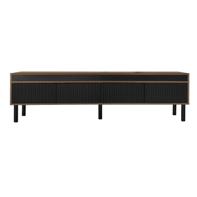 TV Stand with Elegant Stripe Design and Sturdy Wooden Legs, Three Doors, Practical and Easy Access, 67" L x 15" W x 18.5" H, Black+Natural