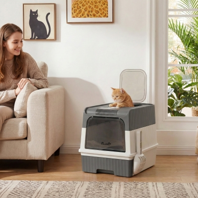 PawHut Cat Litter Box with Lid, Enclosed Kitty Litter Box with Pull-Out Drawer Tray, Scoop, 4 Deodorization Bags, Grey