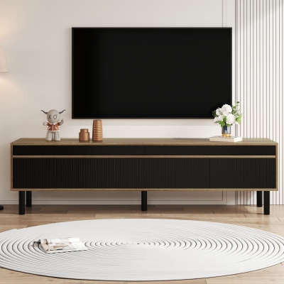 TV Stand with Elegant Stripe Design and Sturdy Wooden Legs, Three Doors, Practical and Easy Access, 67" L x 15" W x 18.5" H, Black+Natural
