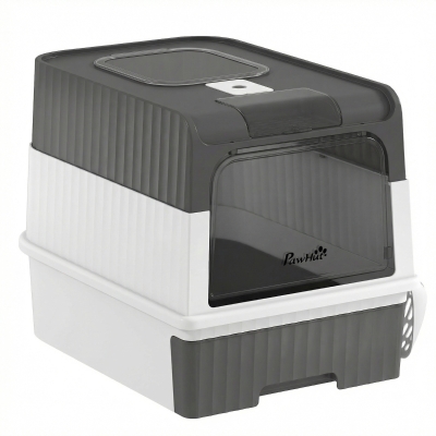 PawHut Cat Litter Box with Lid, Enclosed Kitty Litter Box with Pull-Out Drawer Tray, Scoop, 4 Deodorization Bags, Grey