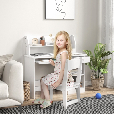 Qaba Kids Desk and Chair Set for 5-8 Year Old with Storage, Study Table and Chair for Children, White